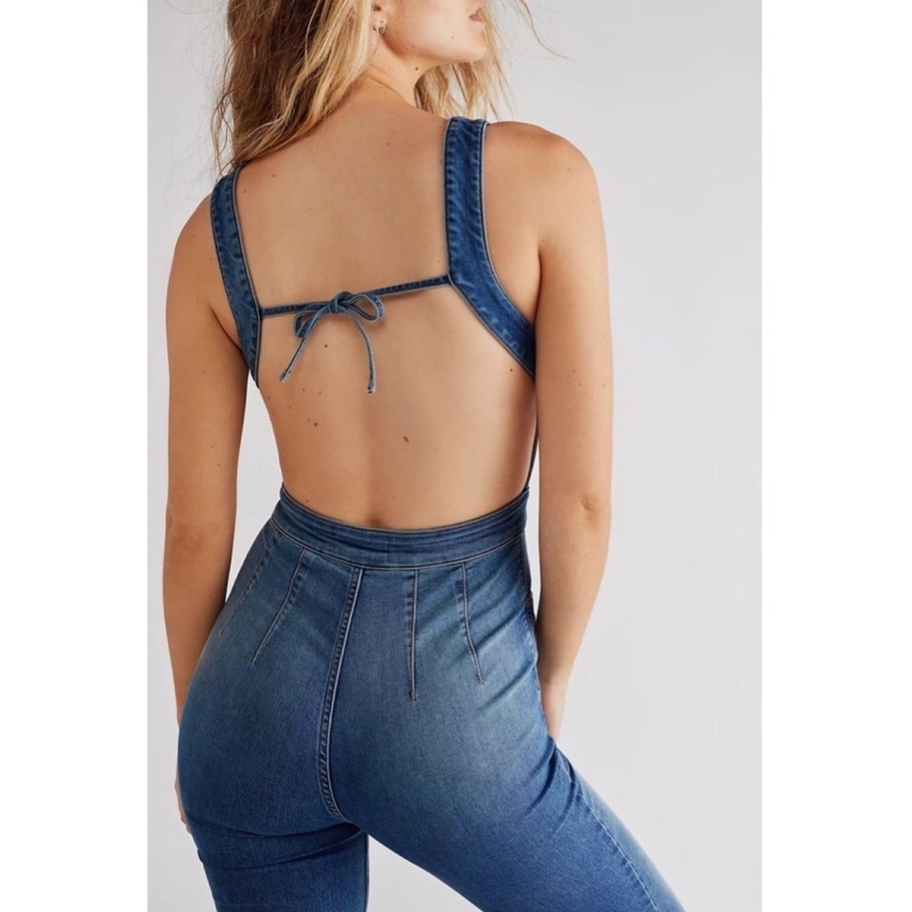NEW Free People Curvy 2nd Ave Flare Denim Jumpsuit